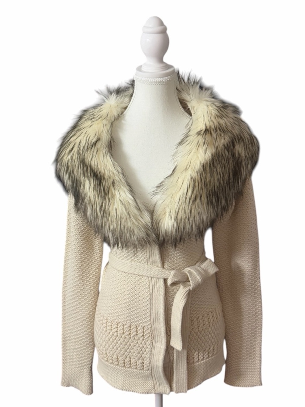 Guess - Vintage Y2K Angora Rabbit Blend Knit Belted Cardigan with Fur Collar